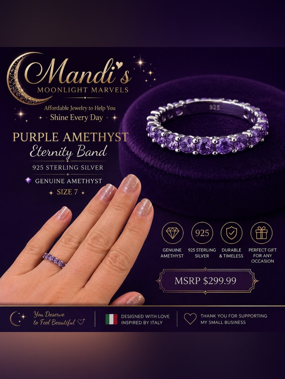 Purple amethyst eternity band size 7 in 925 sterling silver